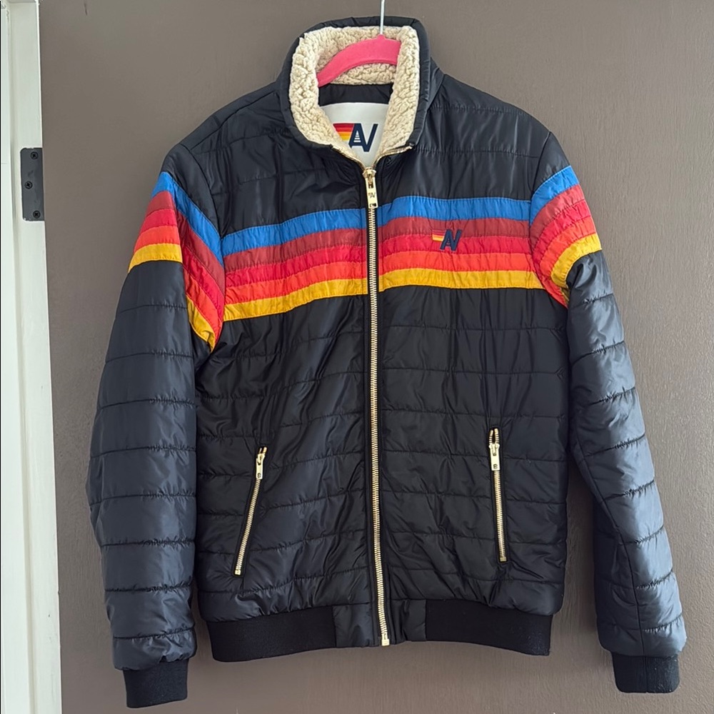 Aviator nation Black Puffer Jacket with 5 stripes size M